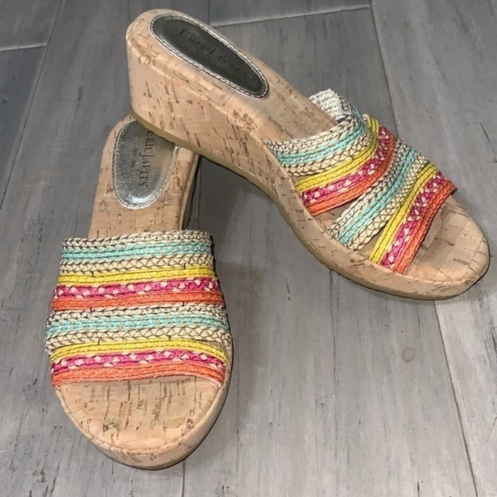 Eric Javits Colorful Braided Cork Summer Open Toe Wedge Sandals 6.5